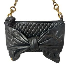 Juicy Couture Bow Quilted Leather Shoulder Bag in Metallic Black Gold Chain